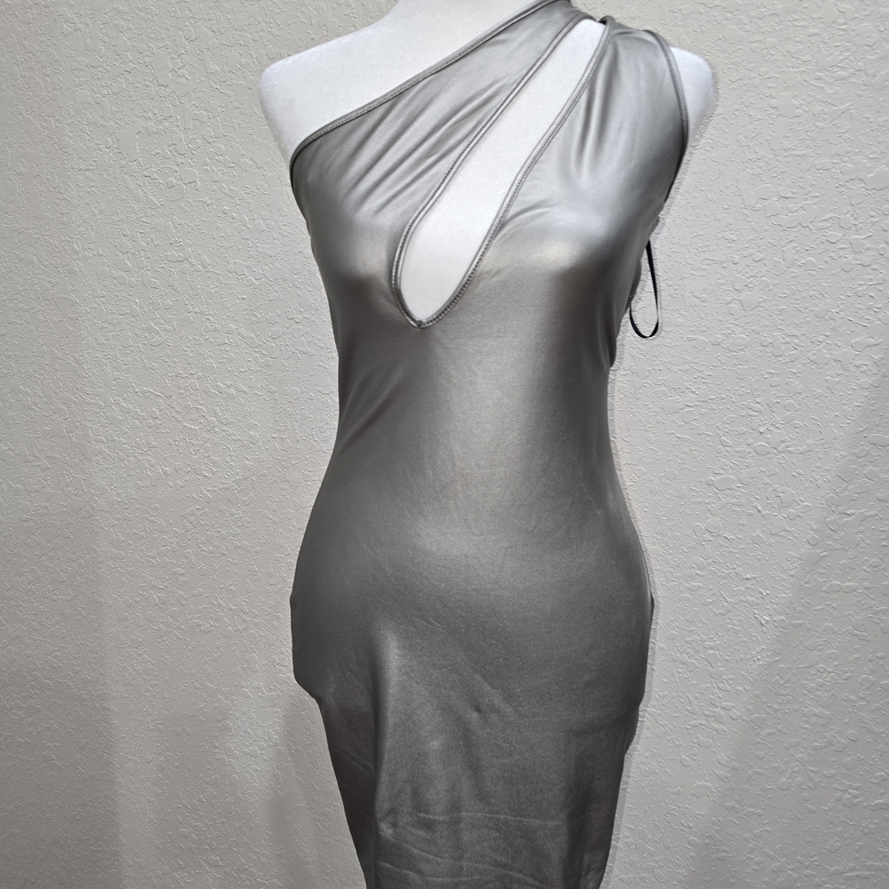 Silver PU Vegan Leather Bodycon Stretch One-Shoulder Cutout Dress